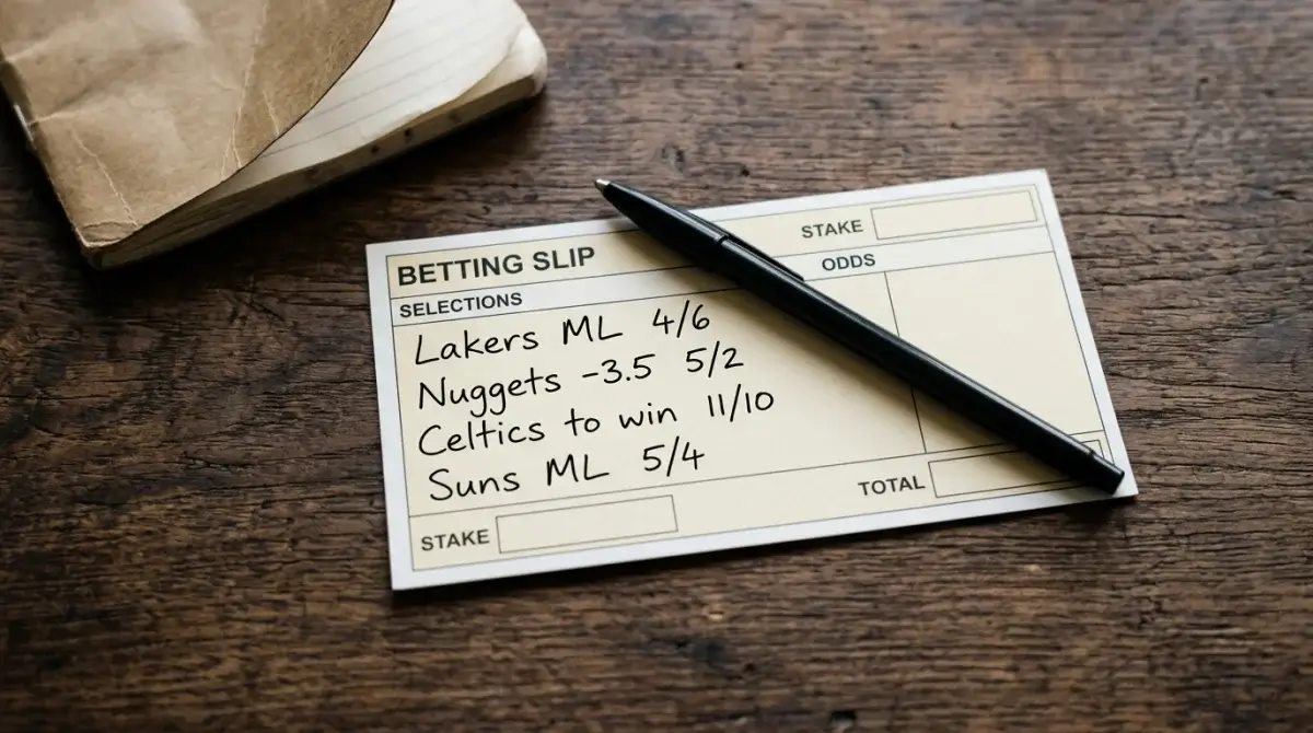 UK betting slip with fractional NBA odds on a desk