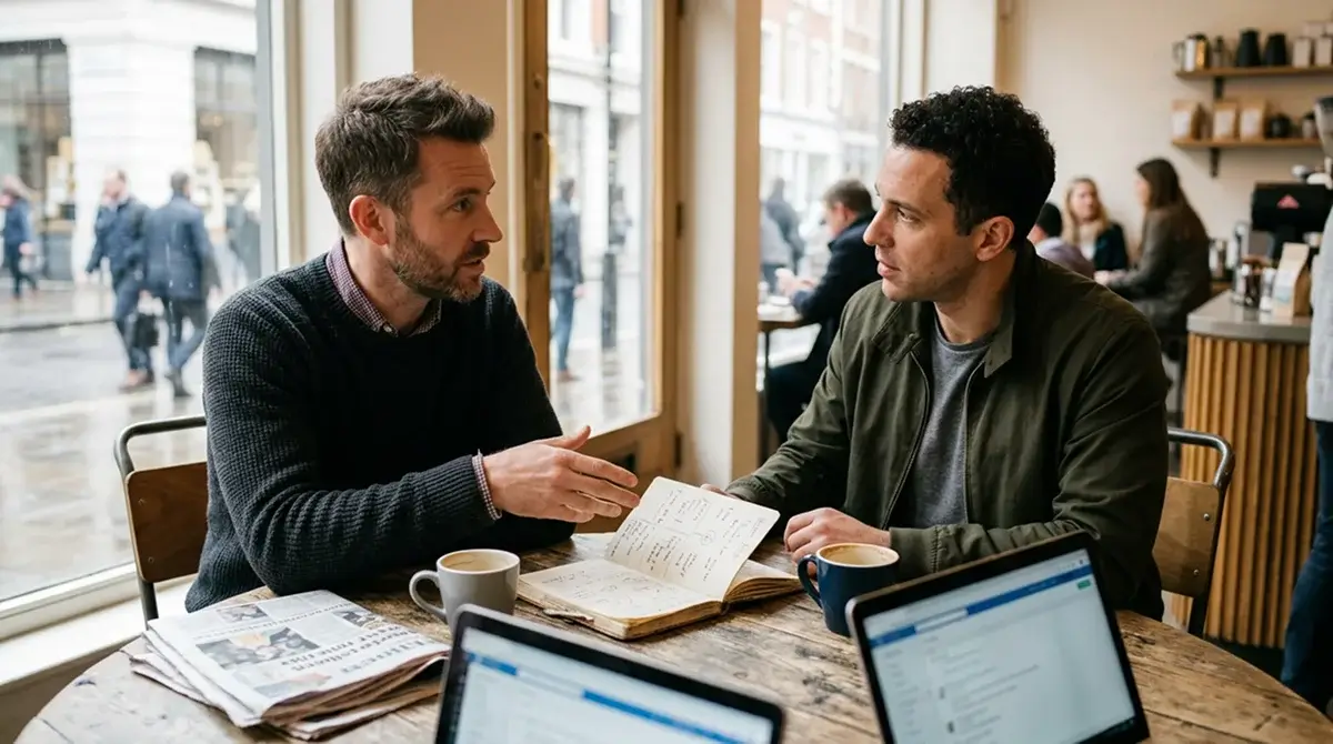 Two British punters discussing NBA bets at a wooden table